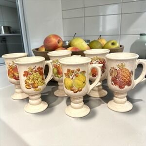 Vintage McCoy Speckled‎ Stoneware Fruit Harvest Footed Pedestal Mugs Set of 6